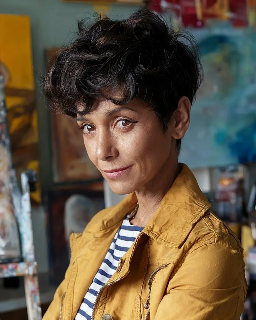 Curled pixie cut with edgy bangs for thick hair over 50