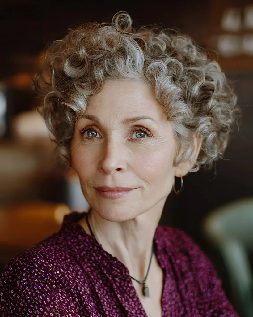 Curly gray pixie cut with defined curls and side part for thick hair over 50