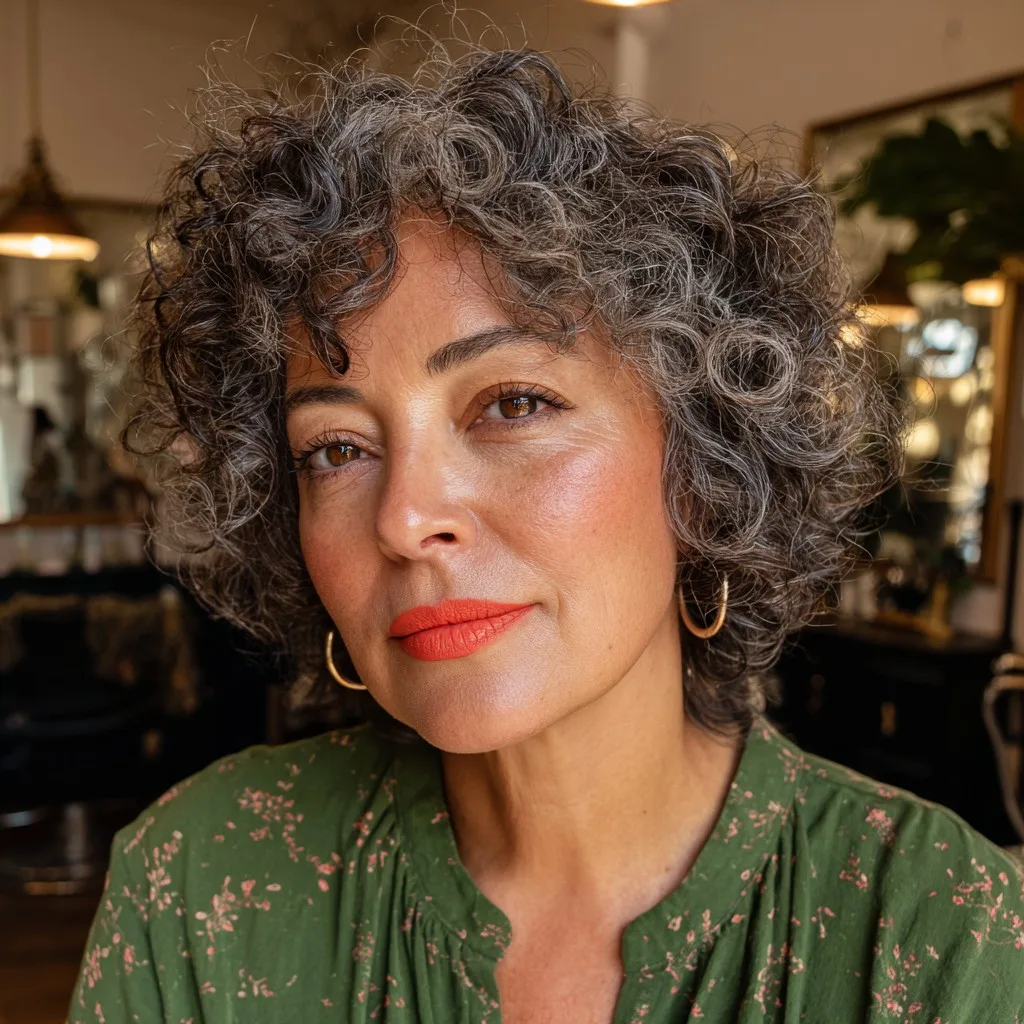 Curly Salt and Pepper Shag with Face-Framing Layers