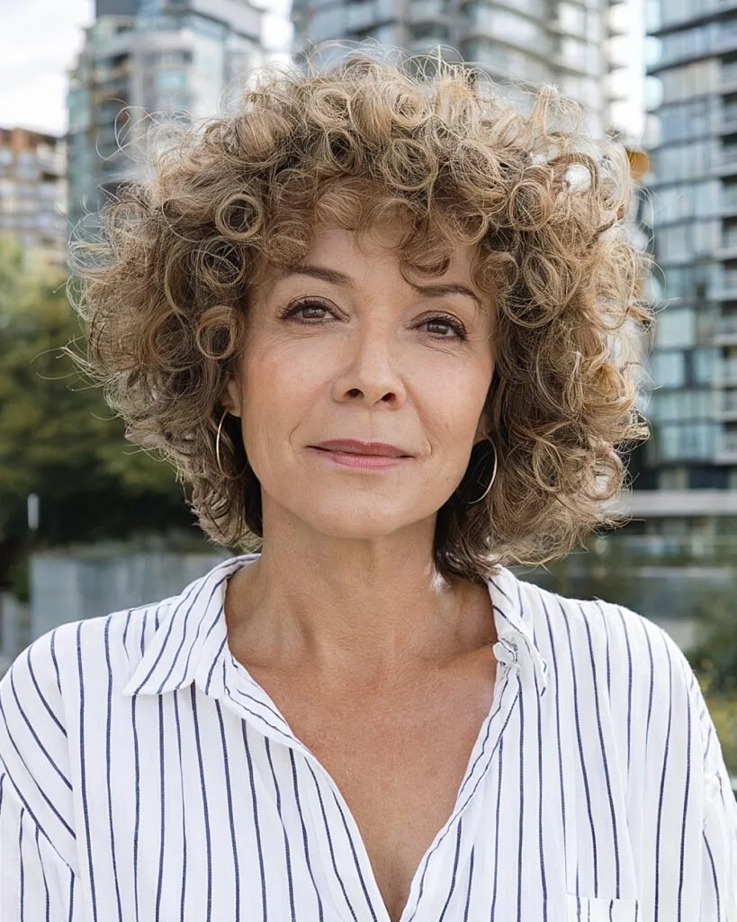 Curly shag haircut with layers for thick bouncy hair over 50