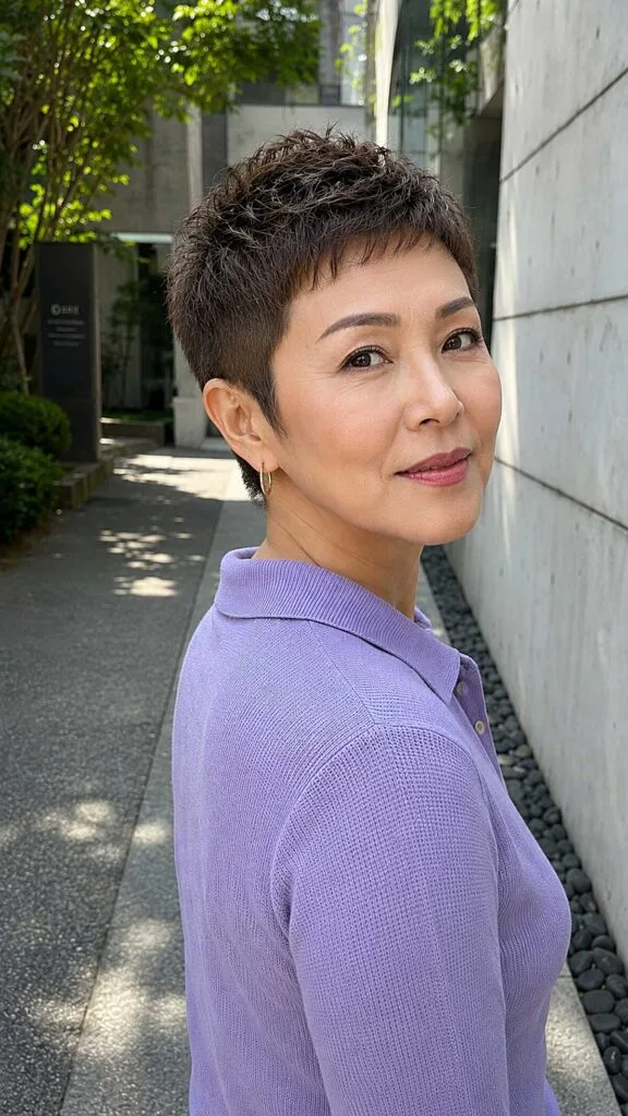 Curly textured top pixie with tapered sides in lavender