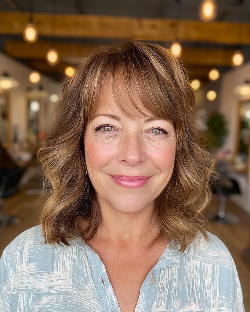 Curved shoulder-length bob with bangs for women over 50 and subtle honeyed highlights