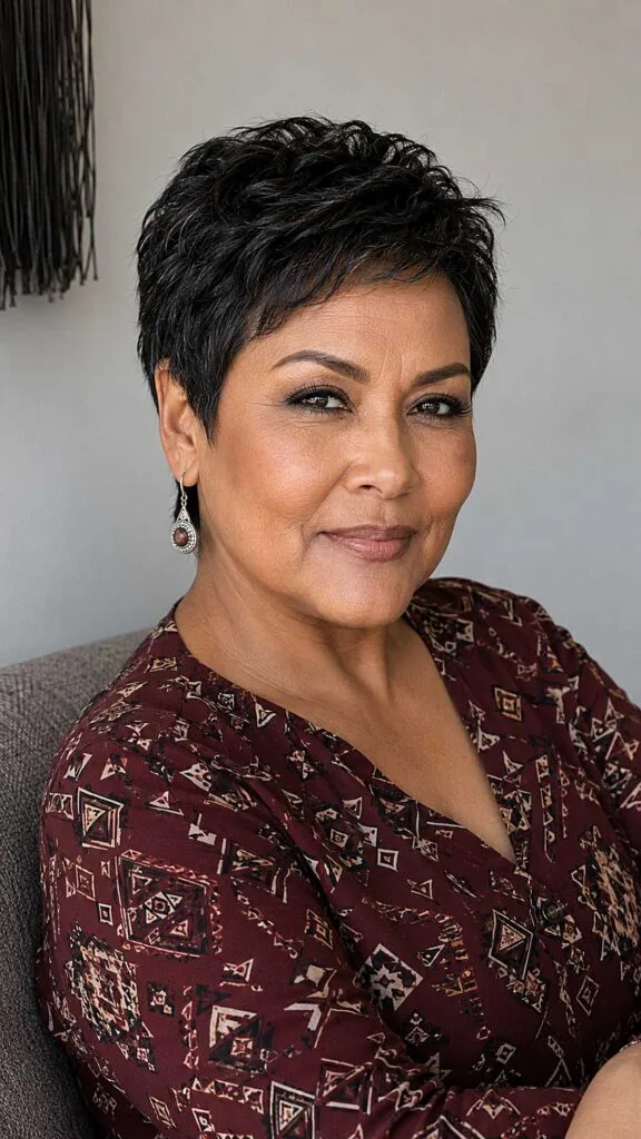 Dark brown wavy very short pixie cut on woman over 50
