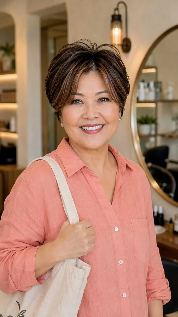Dark Brunette Pixie with Caramel Highlights and Feathered Fringe
