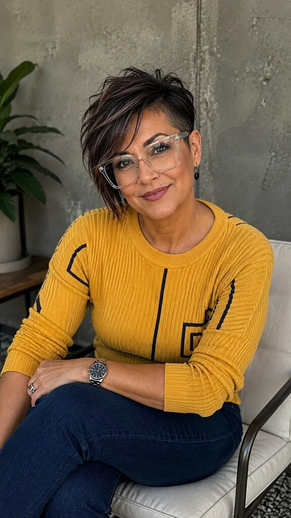 Dark Brunette Undercut Pixie With Long Textured Top and Wispy Nape