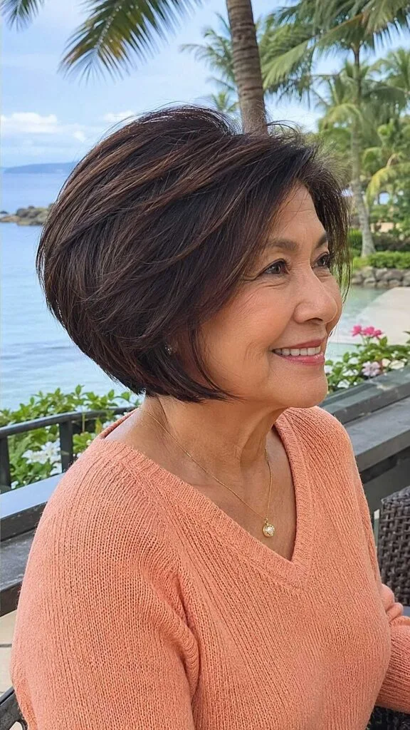 Dark espresso rounded angled bob with smooth layers