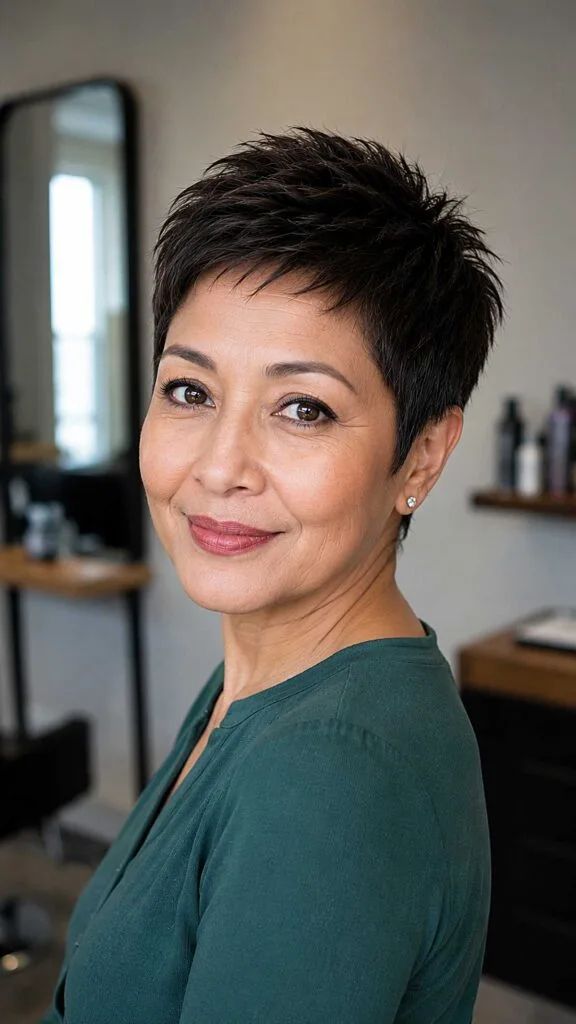 Dark piecey very short pixie cut in salon setting