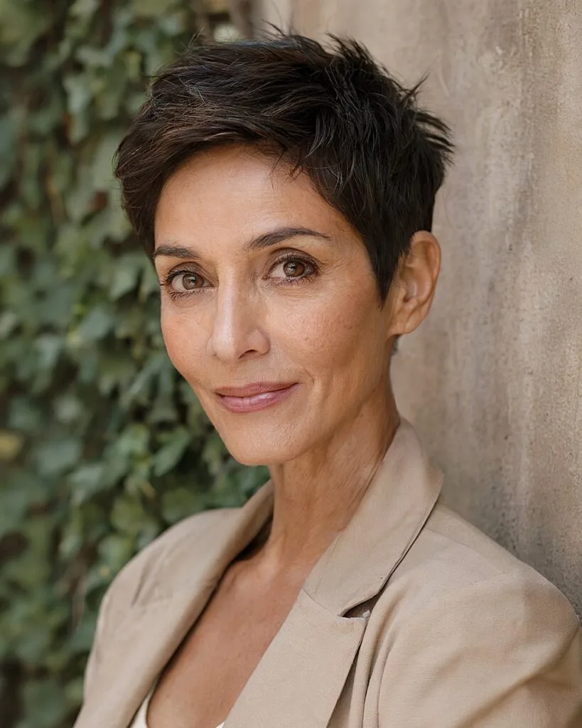 Dark pixie cut with textured top for thick dense hair over 50