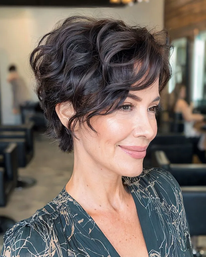 Dark wavy pixie cut with feathered texture and side-swept fringe for women over 50