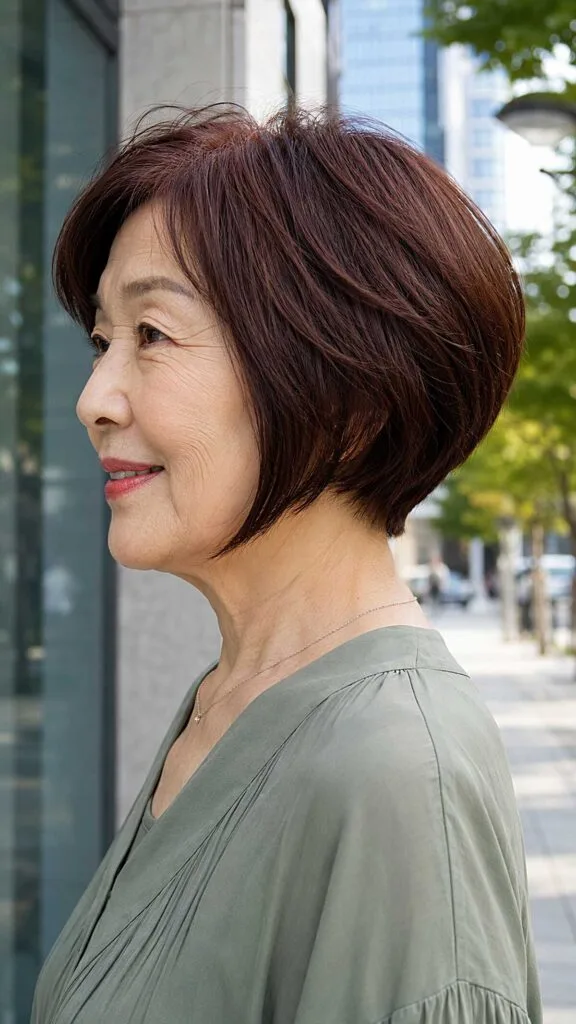 Deep burgundy sleek angled bob with smooth finish