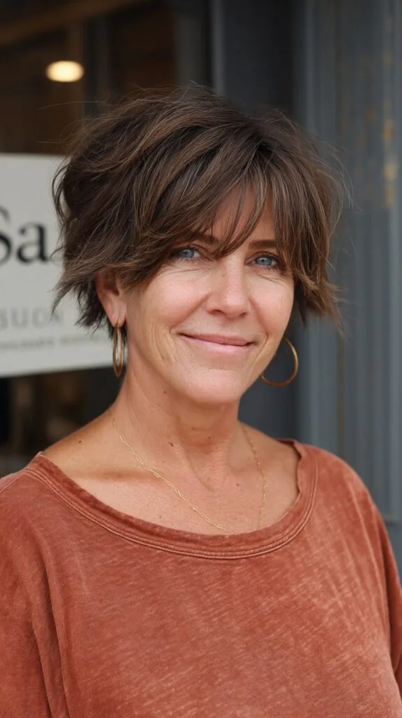 Dynamic Chestnut Textured Bob with Sweeping Bangs