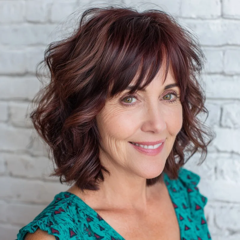 Dynamic Layered Burgundy Shag with Soft Bangs