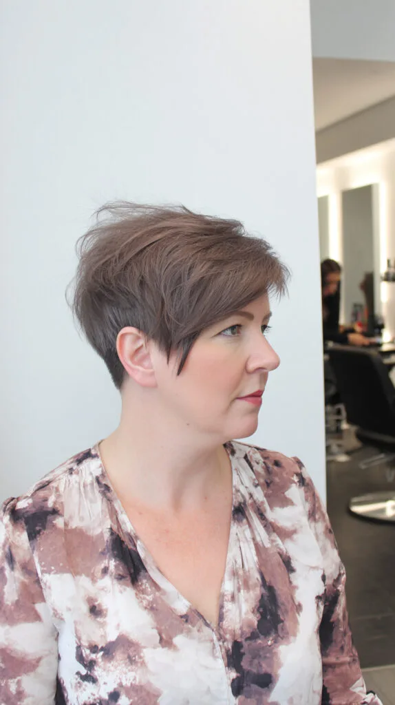Dynamic Taupe Textured Pixie with Tapered Sides