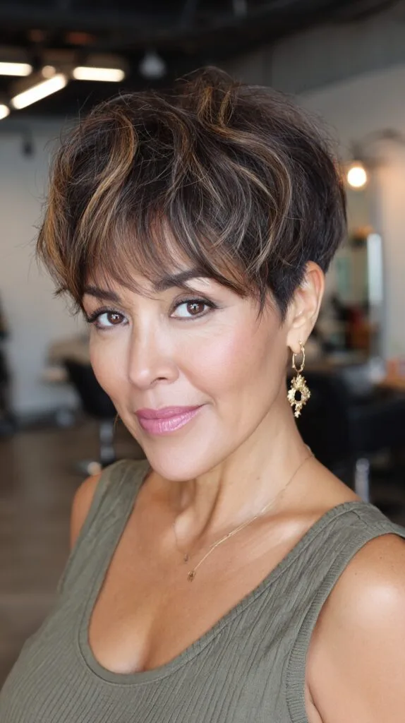 Dynamic Textured Pixie with Caramel Highlights