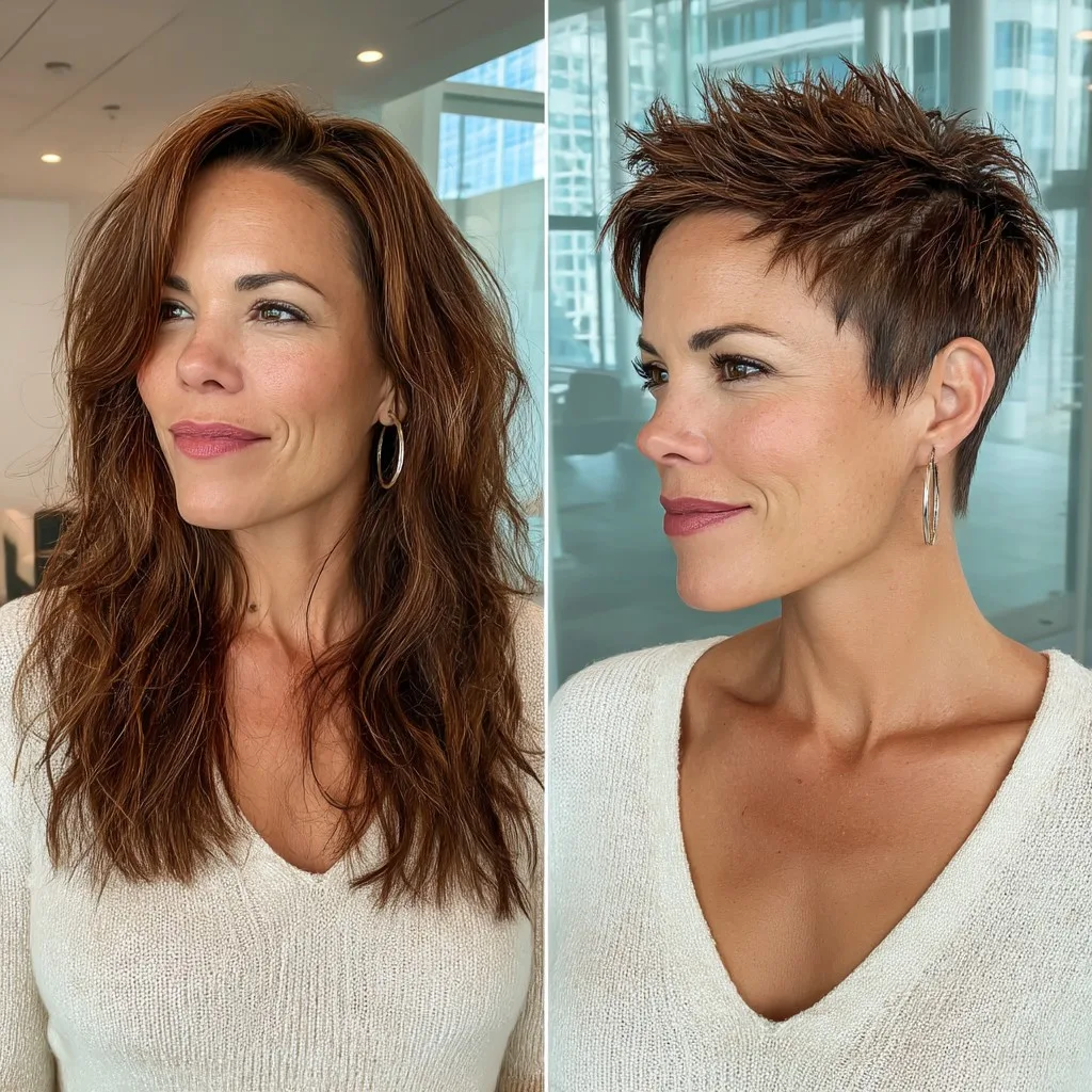 Edgy Short Spiky Cut with Rich Chestnut Highlights