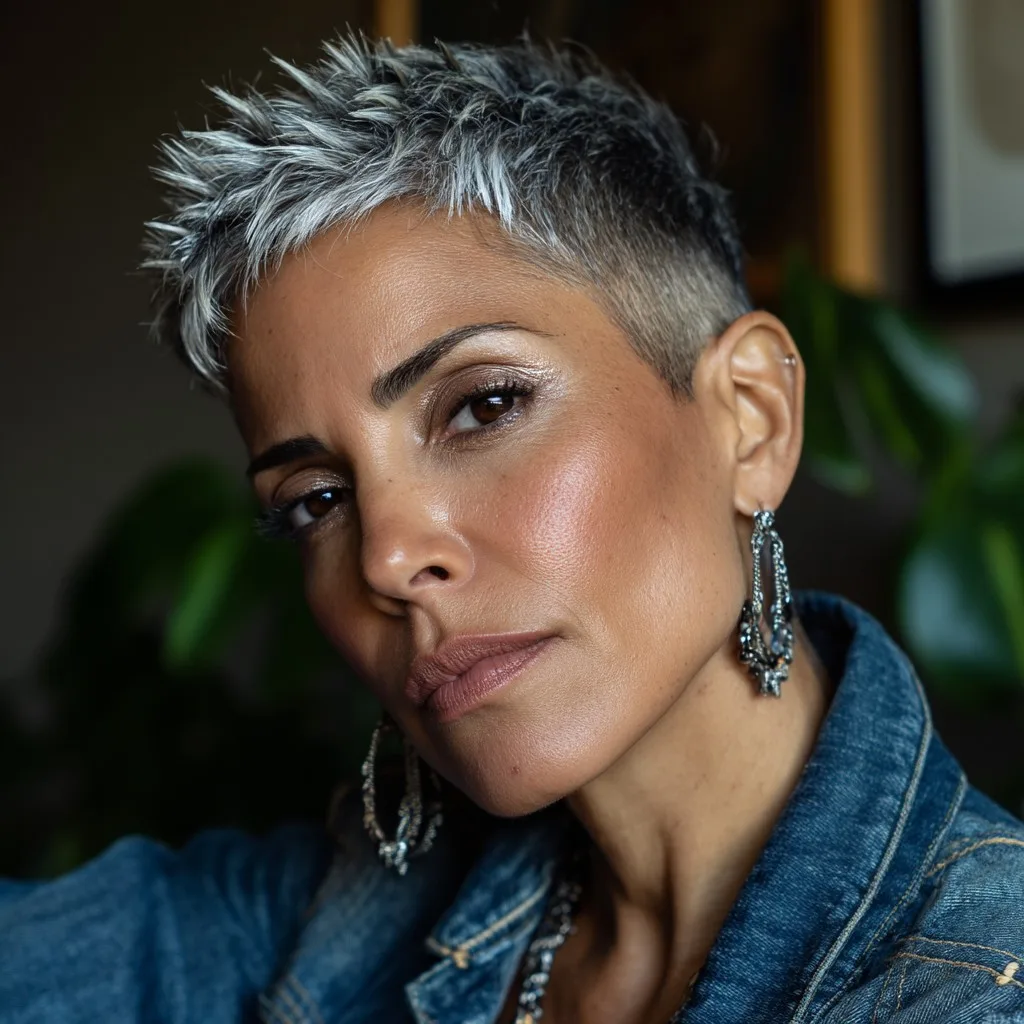 Edgy Silver Spiky Pixie Cut with Defined Texture