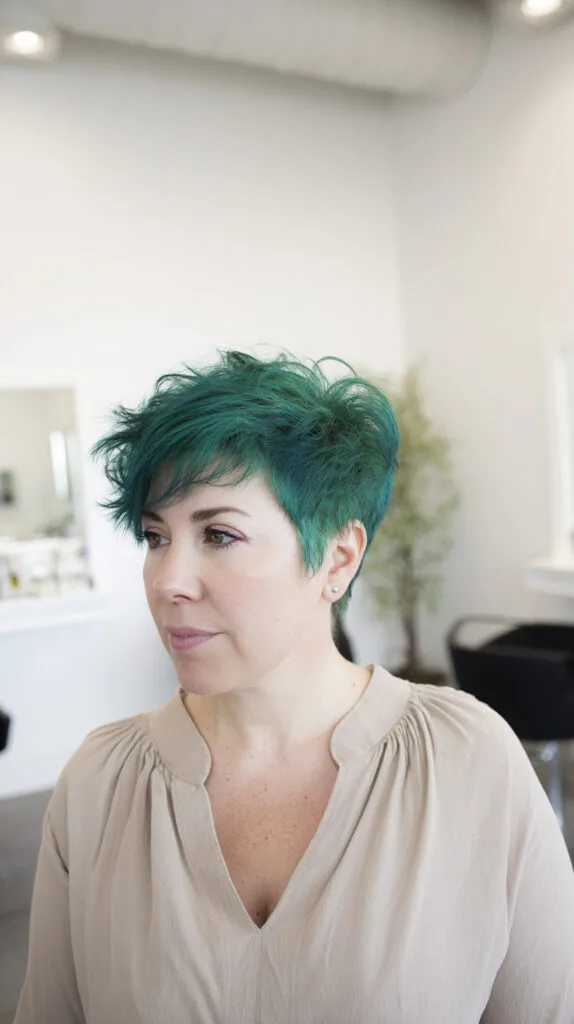 Edgy Textured Green Pixie Cut with Volume