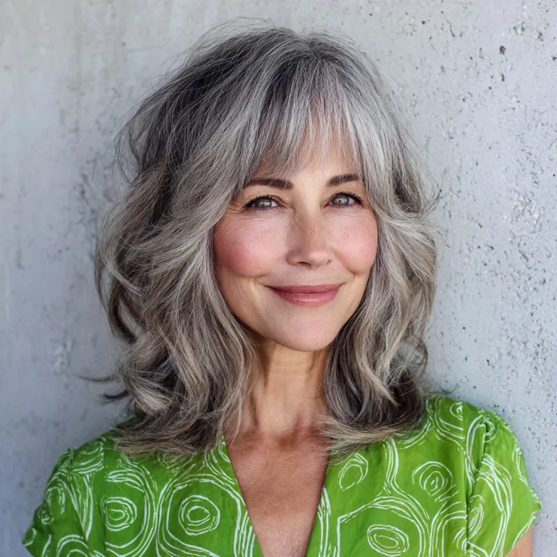 Effortlessly Layered Silver Shag with Soft Bangs