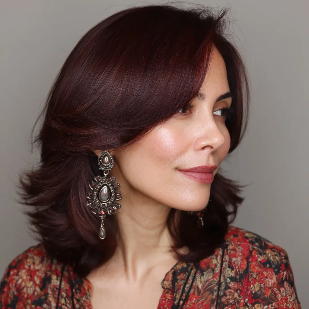 Elegant Burgundy Medium Cut with Soft Bangs