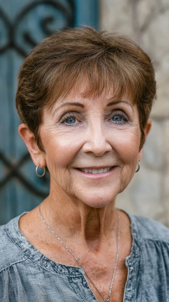 Elegant Chestnut Textured Pixie for Mature Women