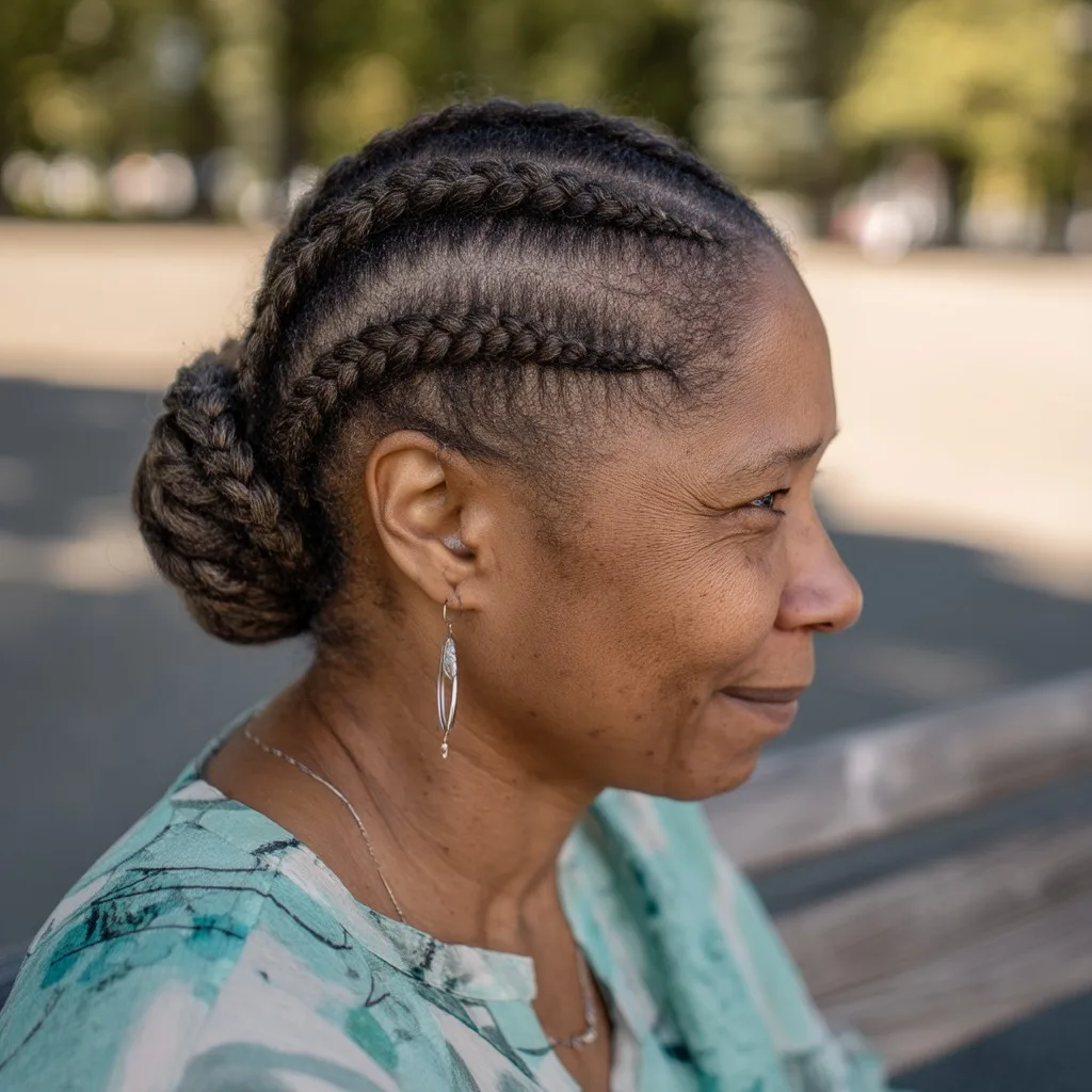 Elegant Cornrow Braids with Classic Bun for Mature Women