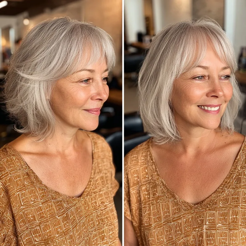 Elegant Layered Silver Bob with Soft Bangs