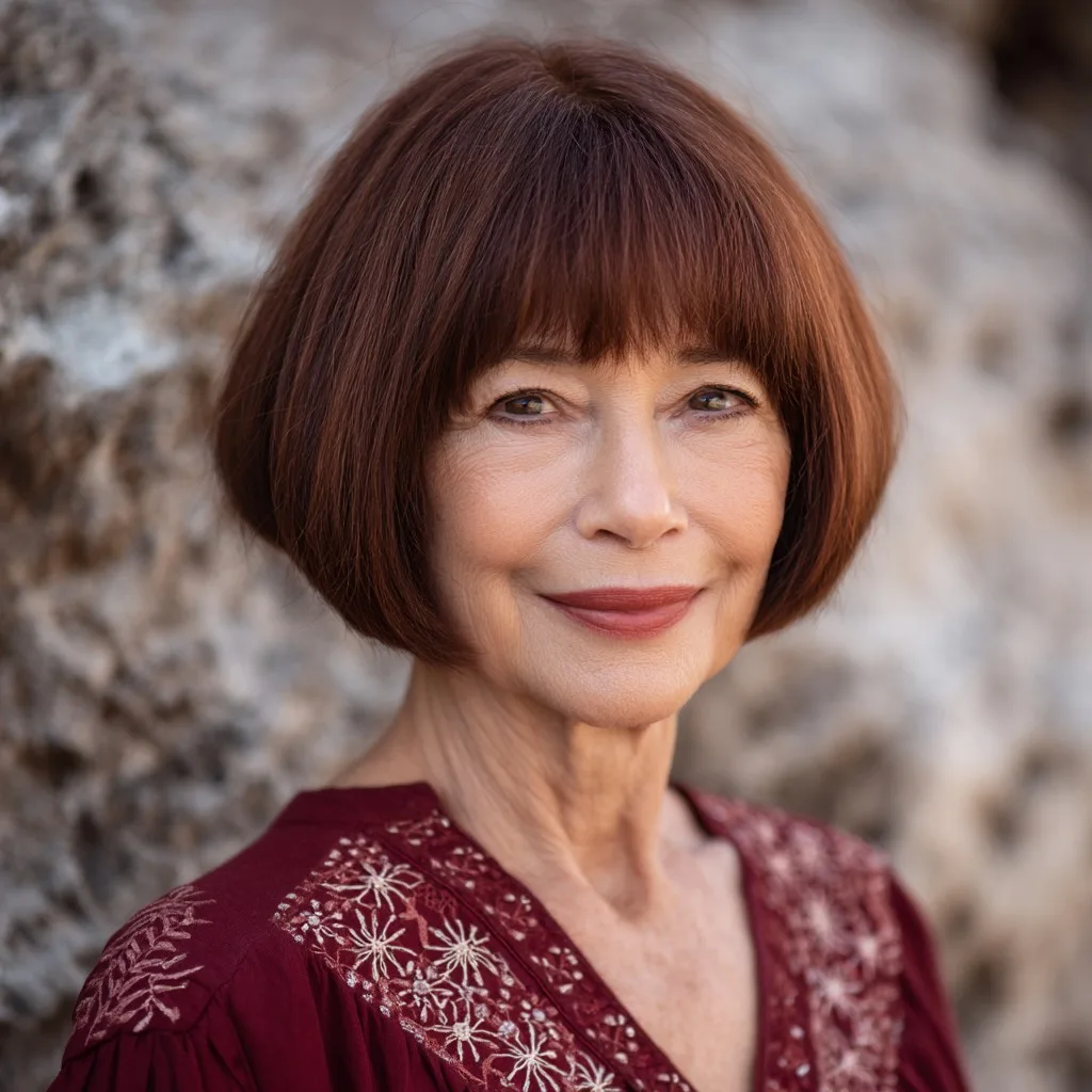 Elegant Reddish Brown Blunt Bob with Fringe