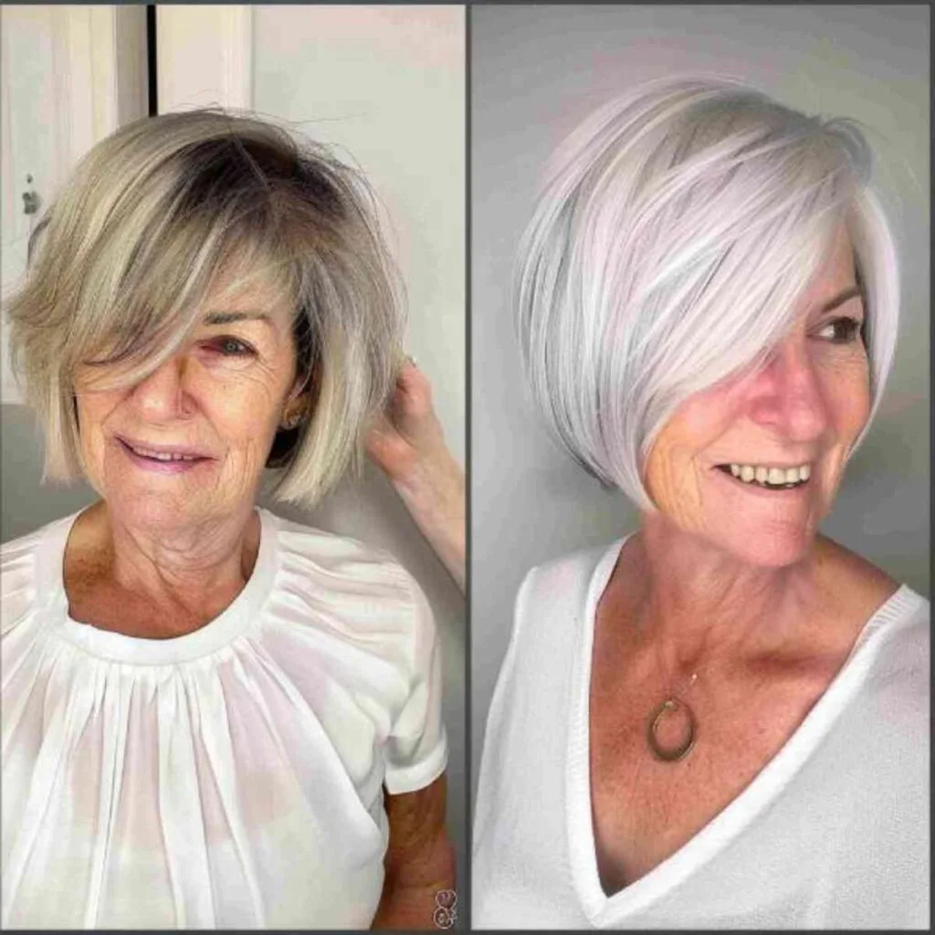 Elegant Silver Hair with Long Bangs for Women Over Seventy