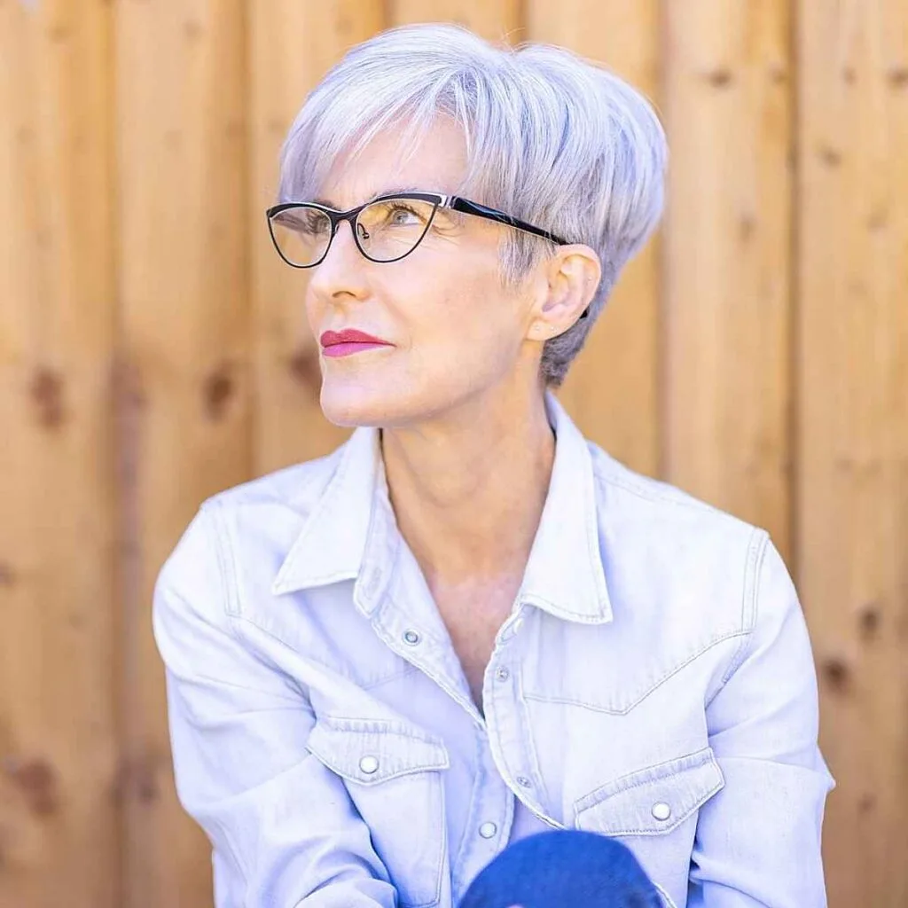 Elegant Silver Long Pixie for Sophisticated Women with Glasses