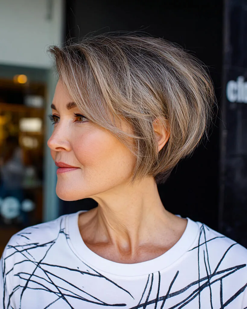 Elegant stacked pixie bob for heart-shaped faces over 50