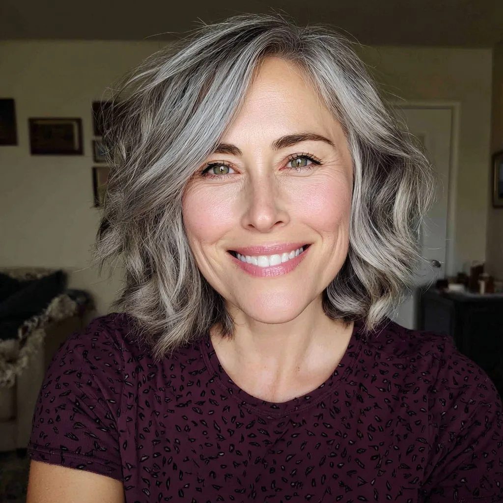 Elegant Wavy Grey Lob with Soft Layers