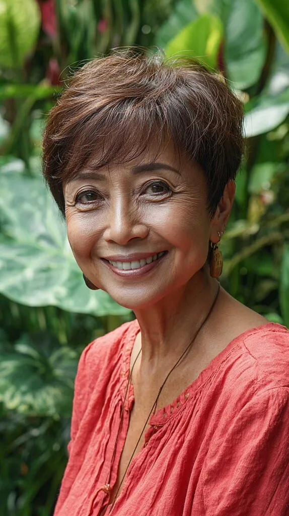 Feathered brunette long pixie with wispy sideburns