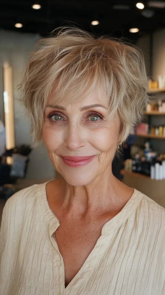 Feathered Golden Blonde Pixie for Women Over 60