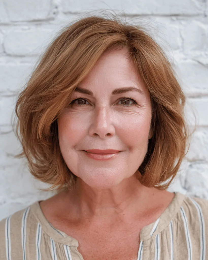 Feathered long bob for women over 50 with rounded back and subtle caramel highlights