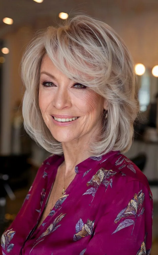 feathered long bob hairstyle for women over 50