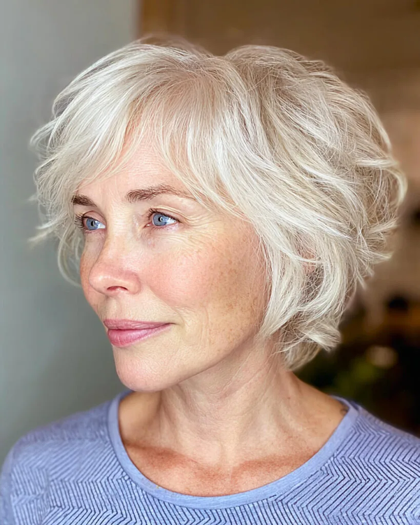 Feathered long pixie bob with soft movement for women over 60