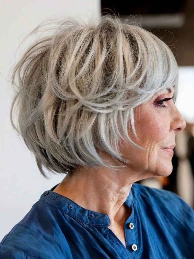 Feathered Mini Gray Pixie Bob with Choppy Layers for women over the age of 60