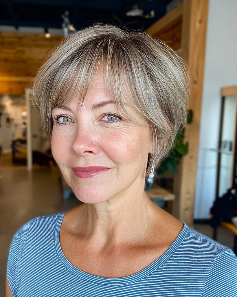 Feathered pixie bob with side-swept bangs for women over 50 with an oval face
