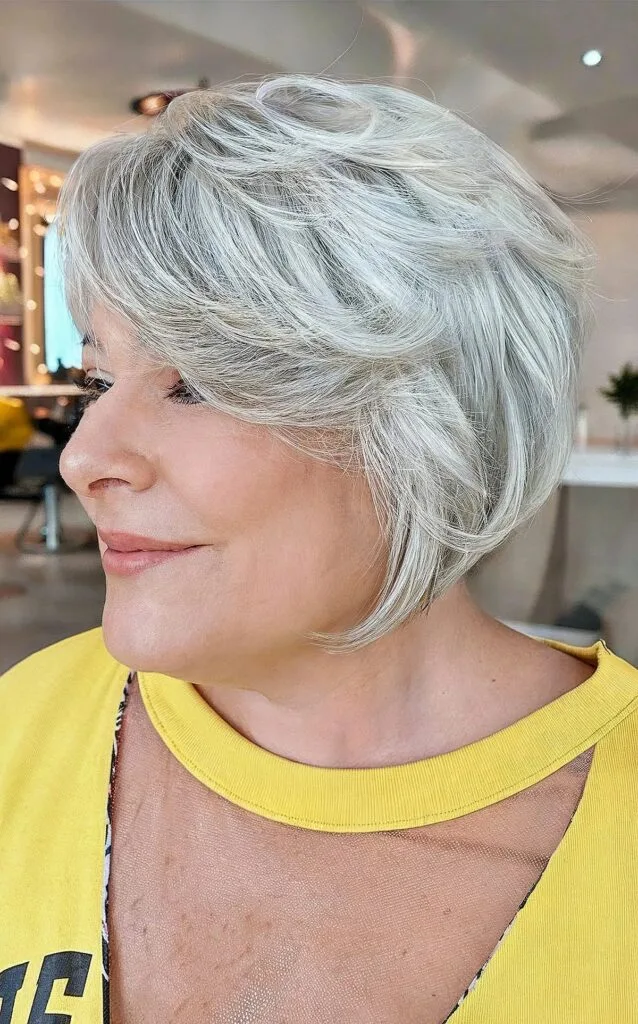 Feathered Silver Bob with Side-Swept Bangs for Women 50 and Over