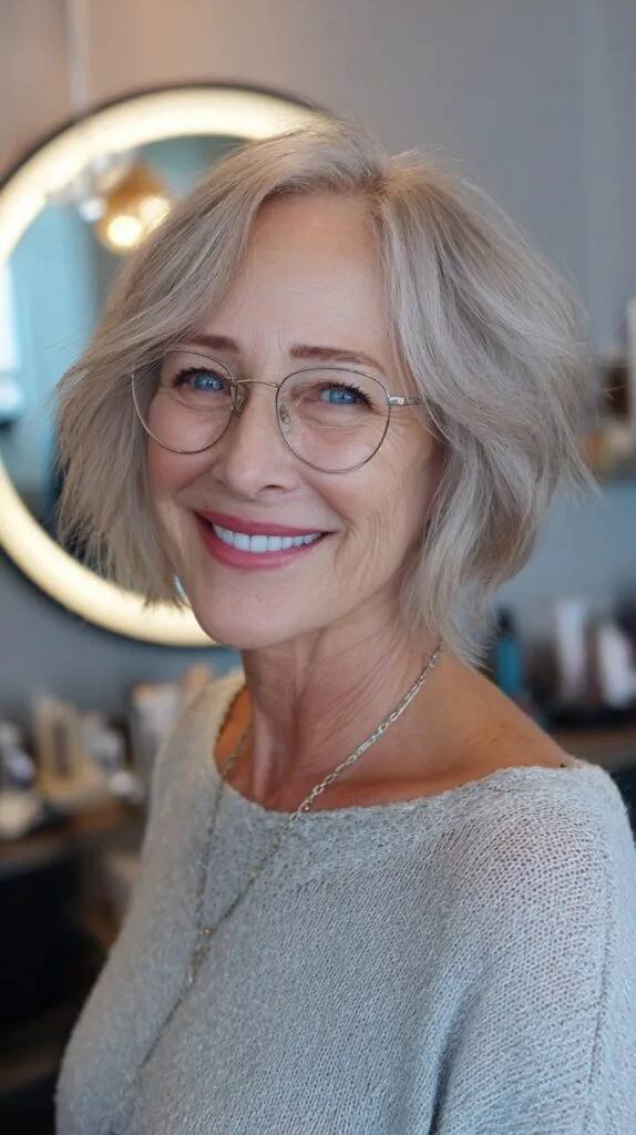 Feathered Silver Chin-Length Bob with Temple Layers