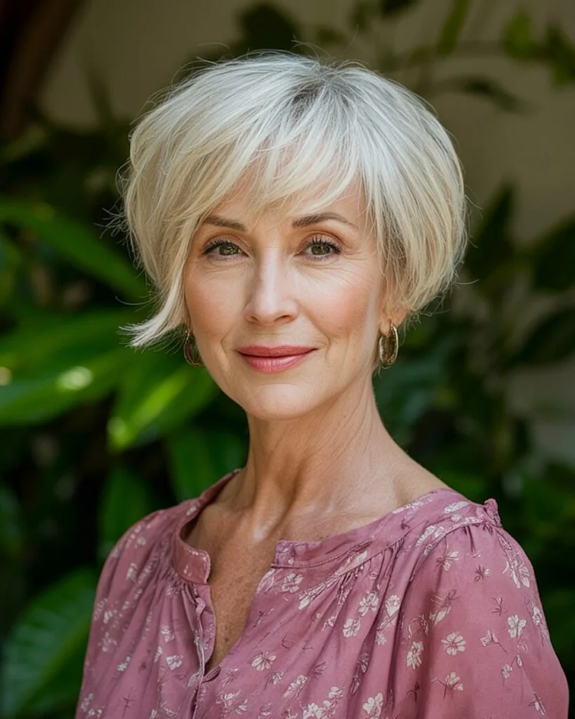 Feathered soft pixie bob haircut for older women with fine white hair and wispy side-swept bangs