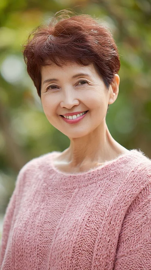 Feathery auburn long pixie cut on older woman