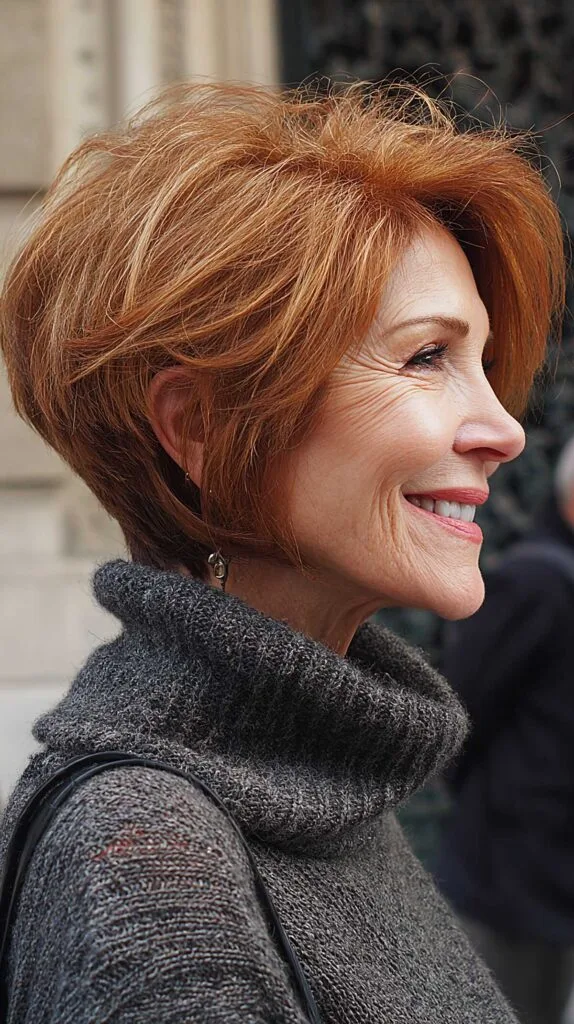 Fiery copper swept-back angled bob with volume