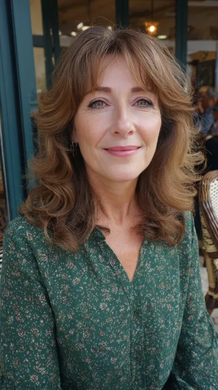 Flowing Chestnut Waves with Soft Balayage Highlights