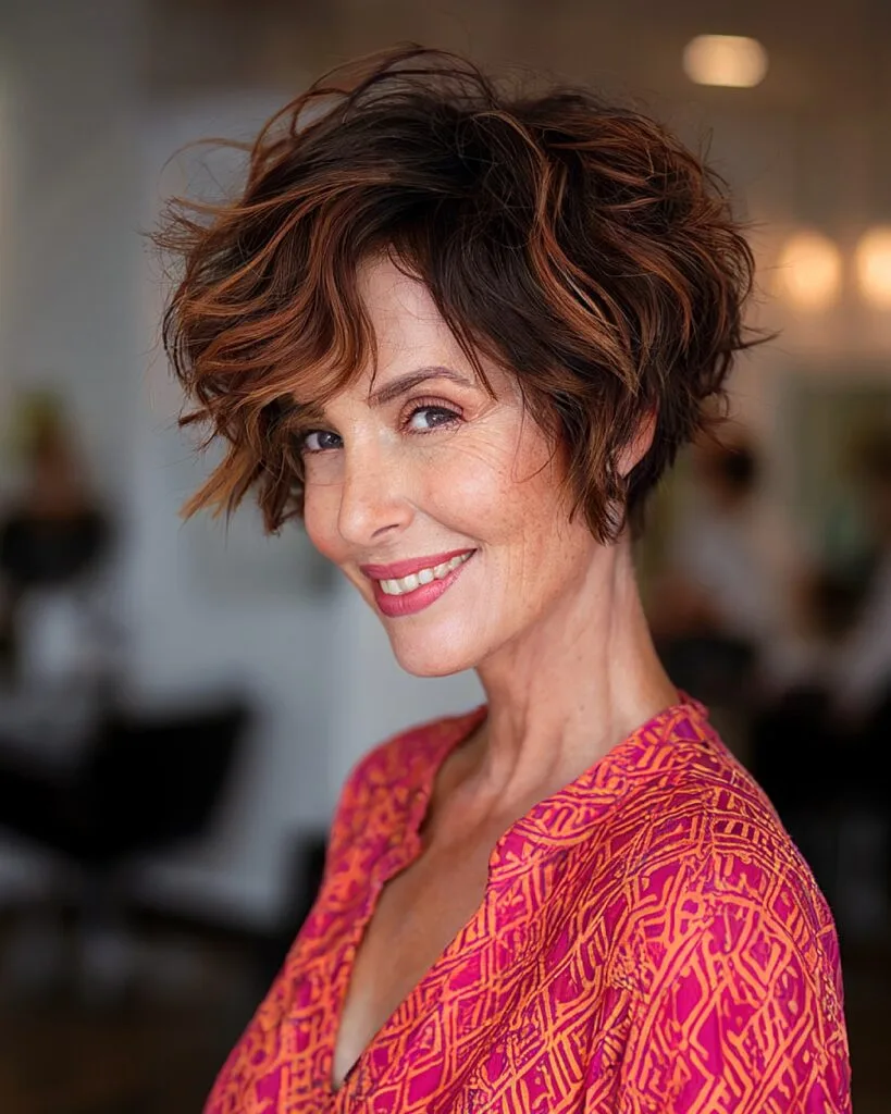 Funky wavy pixie cut with tousled layers for women over 50 and thick hair