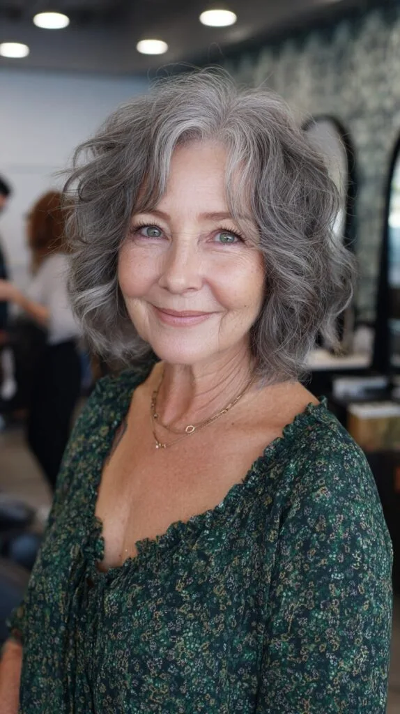 Gentle Silver Shag Bob with Root Shadow and Feathered Waves
