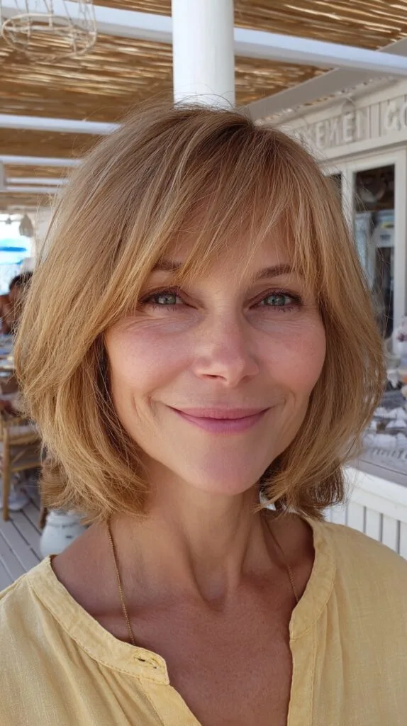 Golden Blonde Layered Bob with Soft Bangs