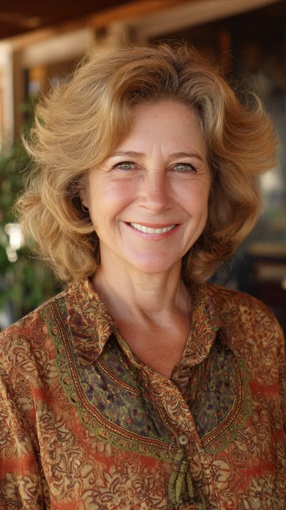 Golden Feathered Mid-Length Cut with Crown Lift