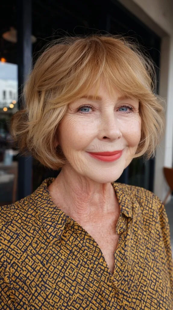 Golden Shaggy Chin-Length French Bob with Wispy Seamed Fringe