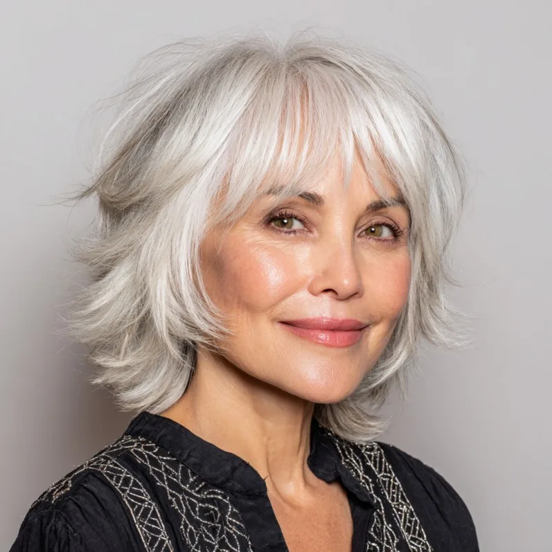 Gorgeous Layered Silver Shag with Face-Framing Bangs